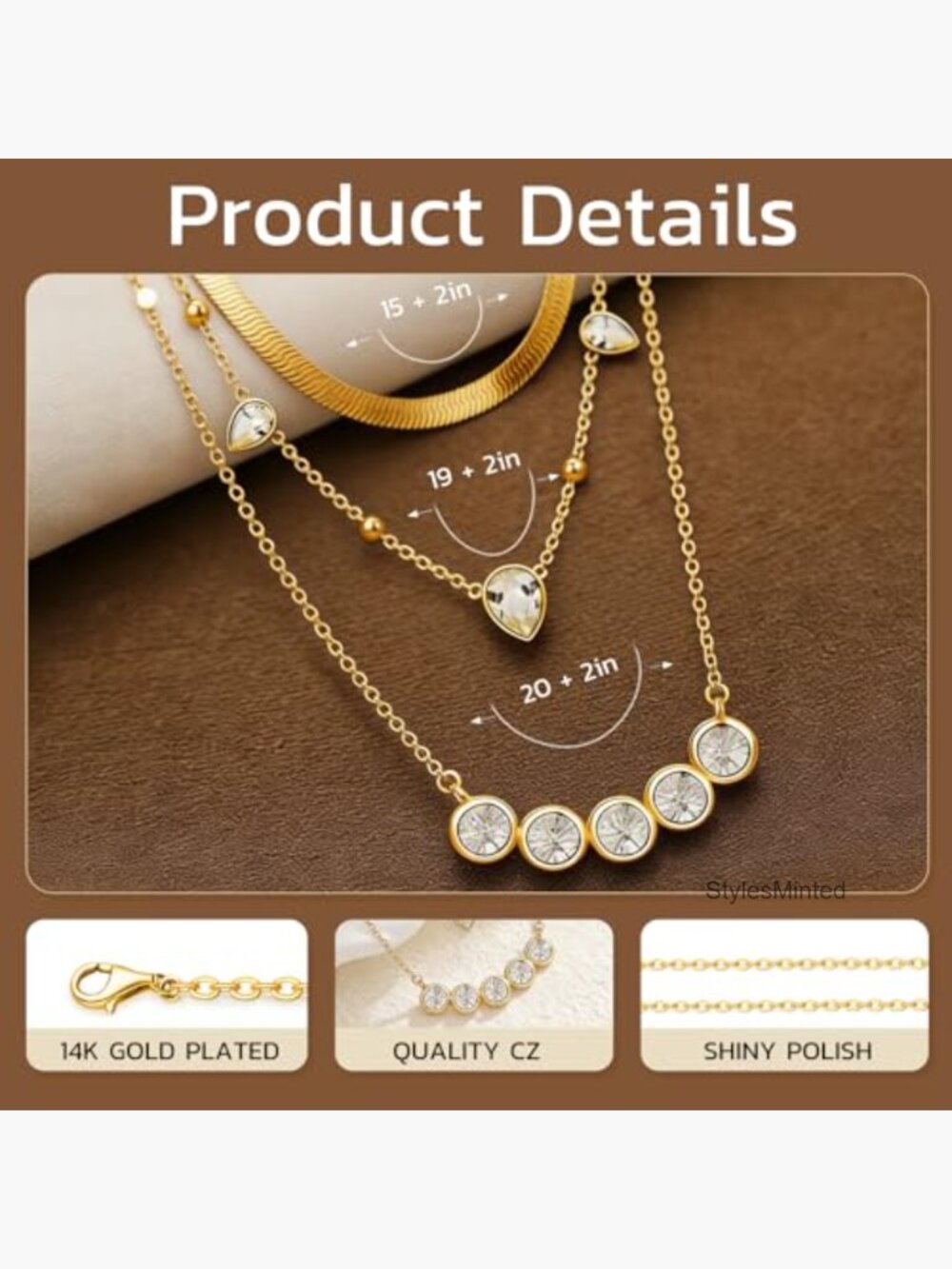 Layered Gold Necklace Set - Stacking Choker, Teardrop Station Chain, Pendant, - Picture 4 of 7